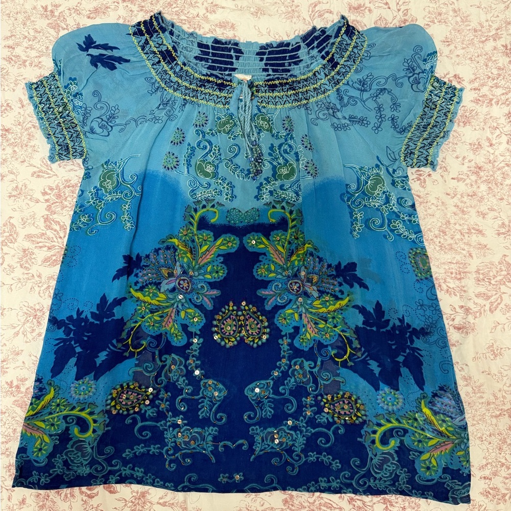 Bila Blue Floral Smocked Tunic Top